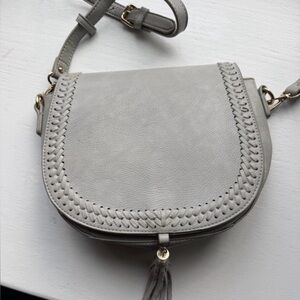 Moda Luxe Light Gray Woven Trim Crossbody Bag with Tassel